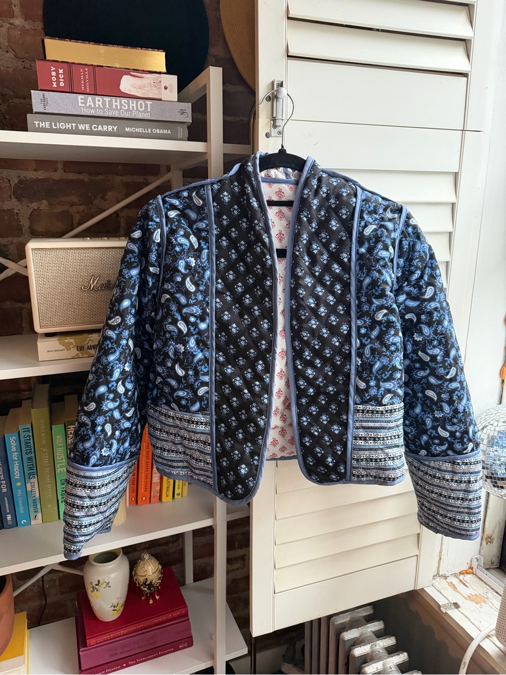 Blue Patterned Quilted Crop Jacket